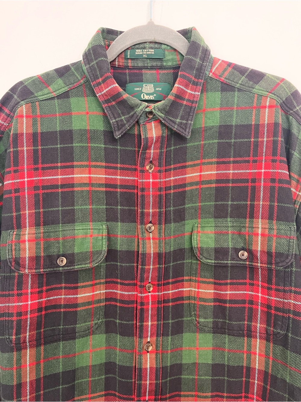 VTG ORVIS Blue Green & Red Plaid Button-Down Cotton Flannel Shirt Casual Mens XL